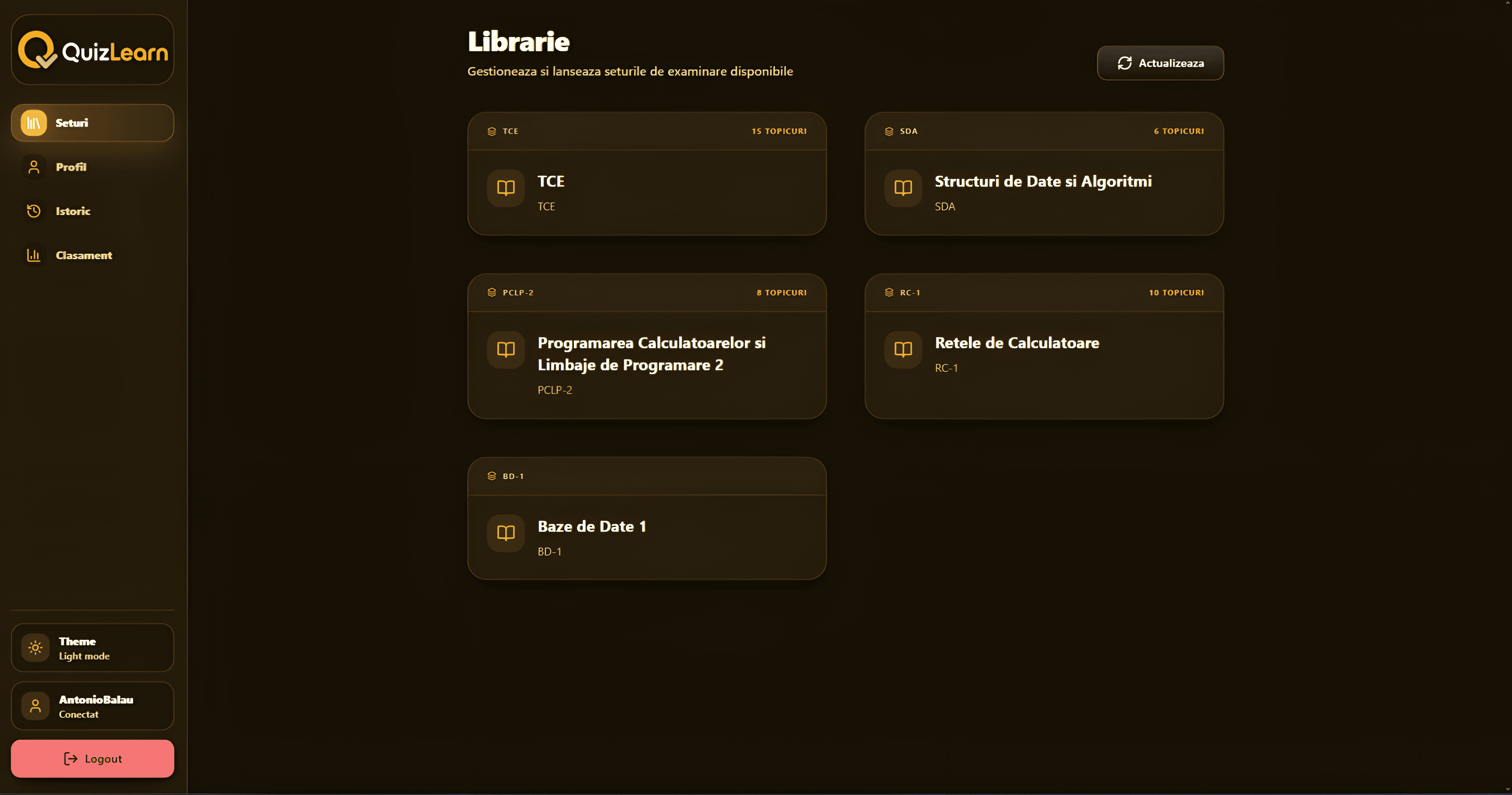Orange theme QuizLearn Library screen