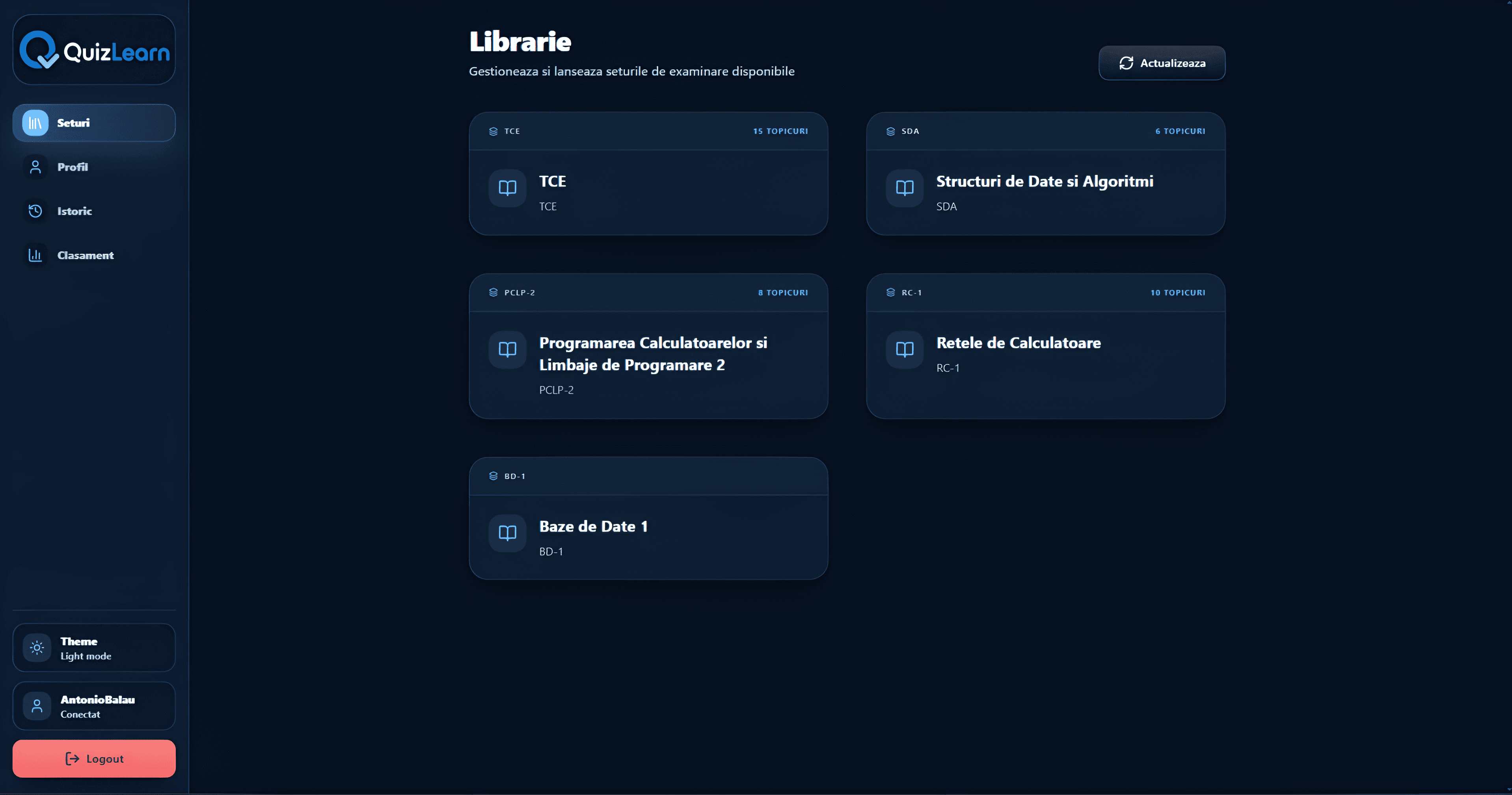 Blue theme QuizLearn Library screen