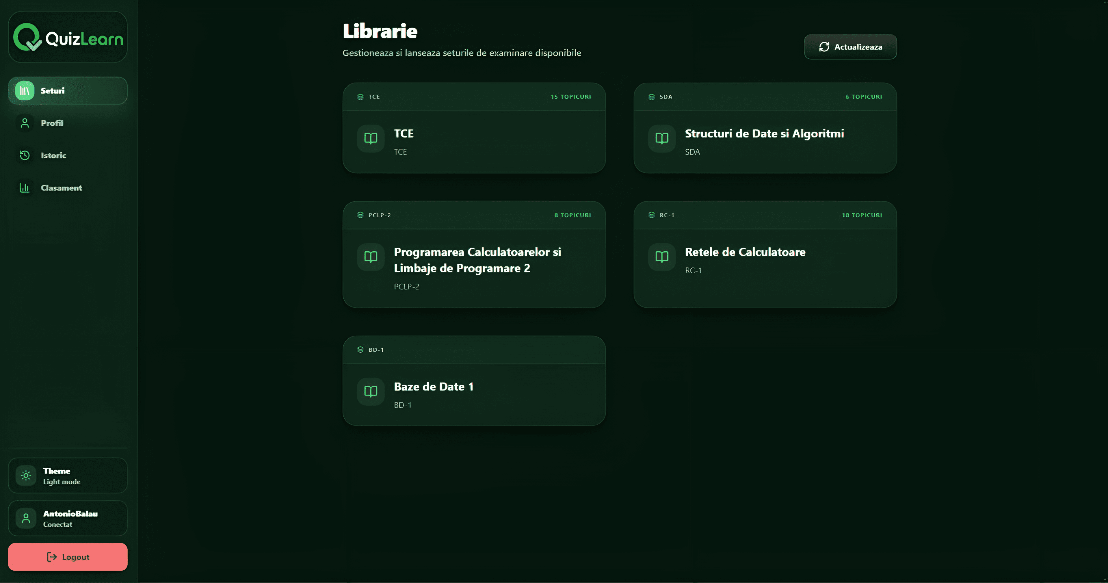 Green theme QuizLearn Library screen