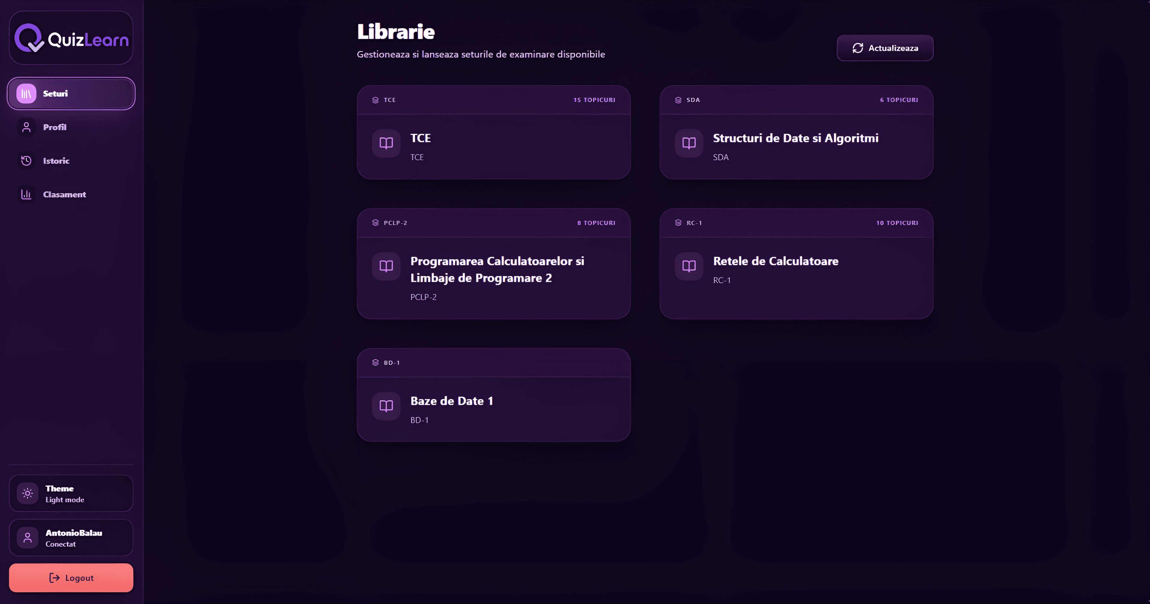 Purple theme QuizLearn Library screen