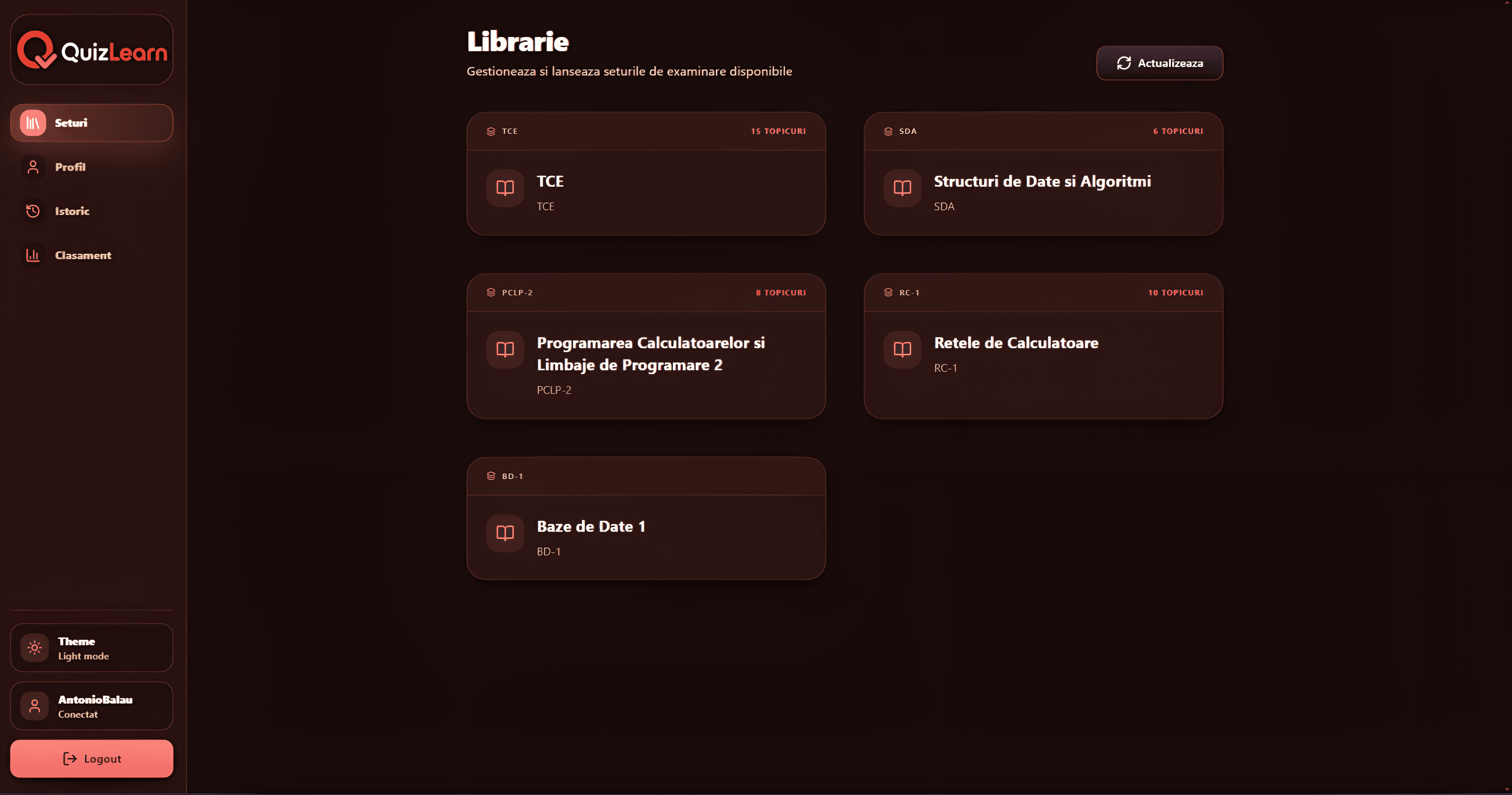 Red theme QuizLearn Library screen